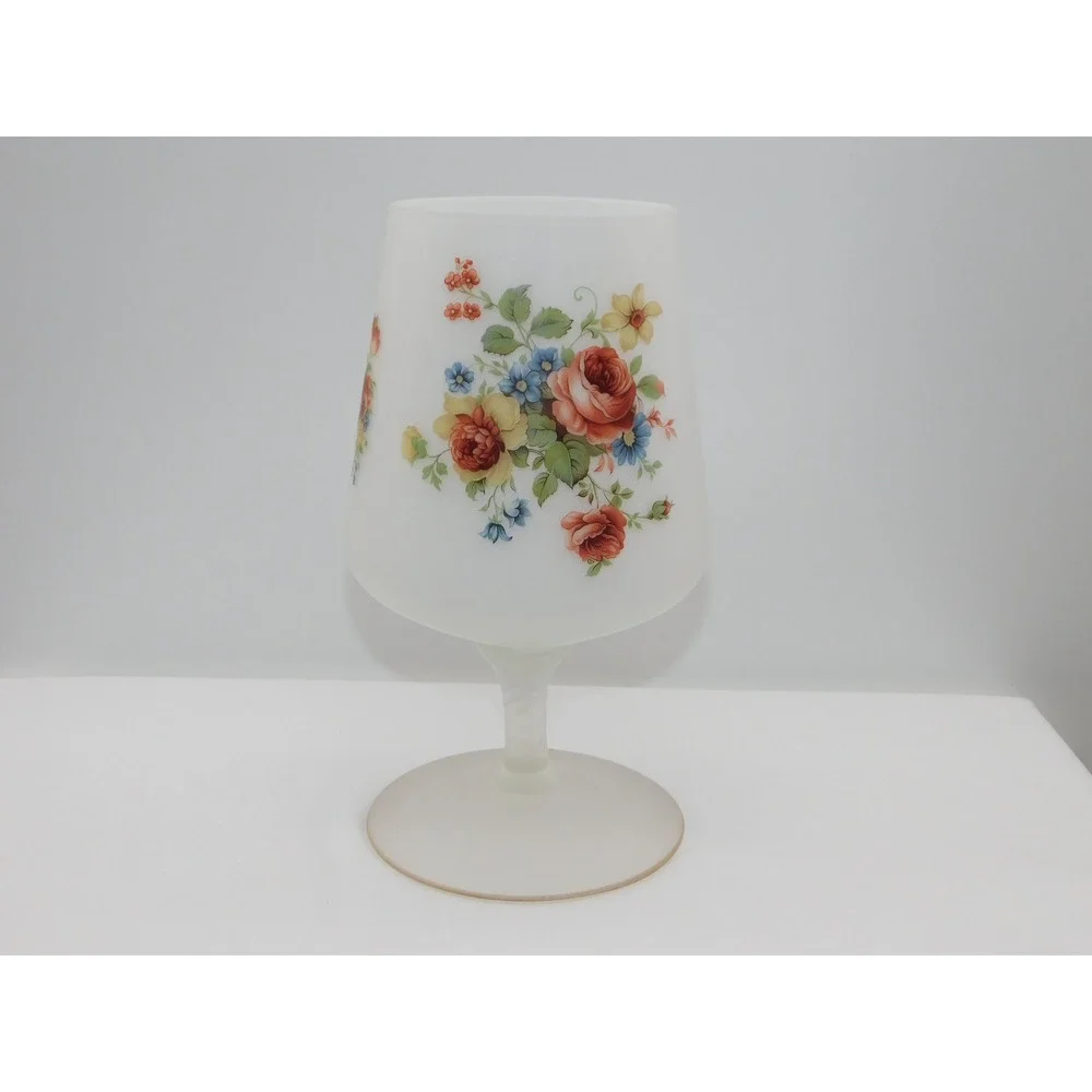 Vtg f rosted satin Norleans glass floral goblet painted bouquet of roses Italy